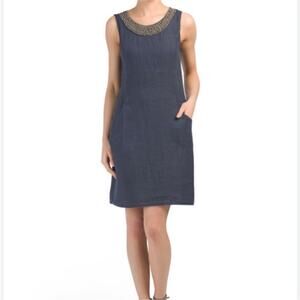 Lina Tomei Linen Beaded Sleeveless Shift Dress Size XL Italy Pockets Blue Resort